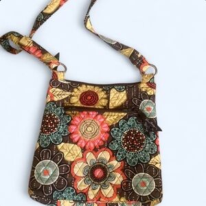 Vera Bradley Brown Floral Quilted Crossbody with Teal, Coral & Yellow